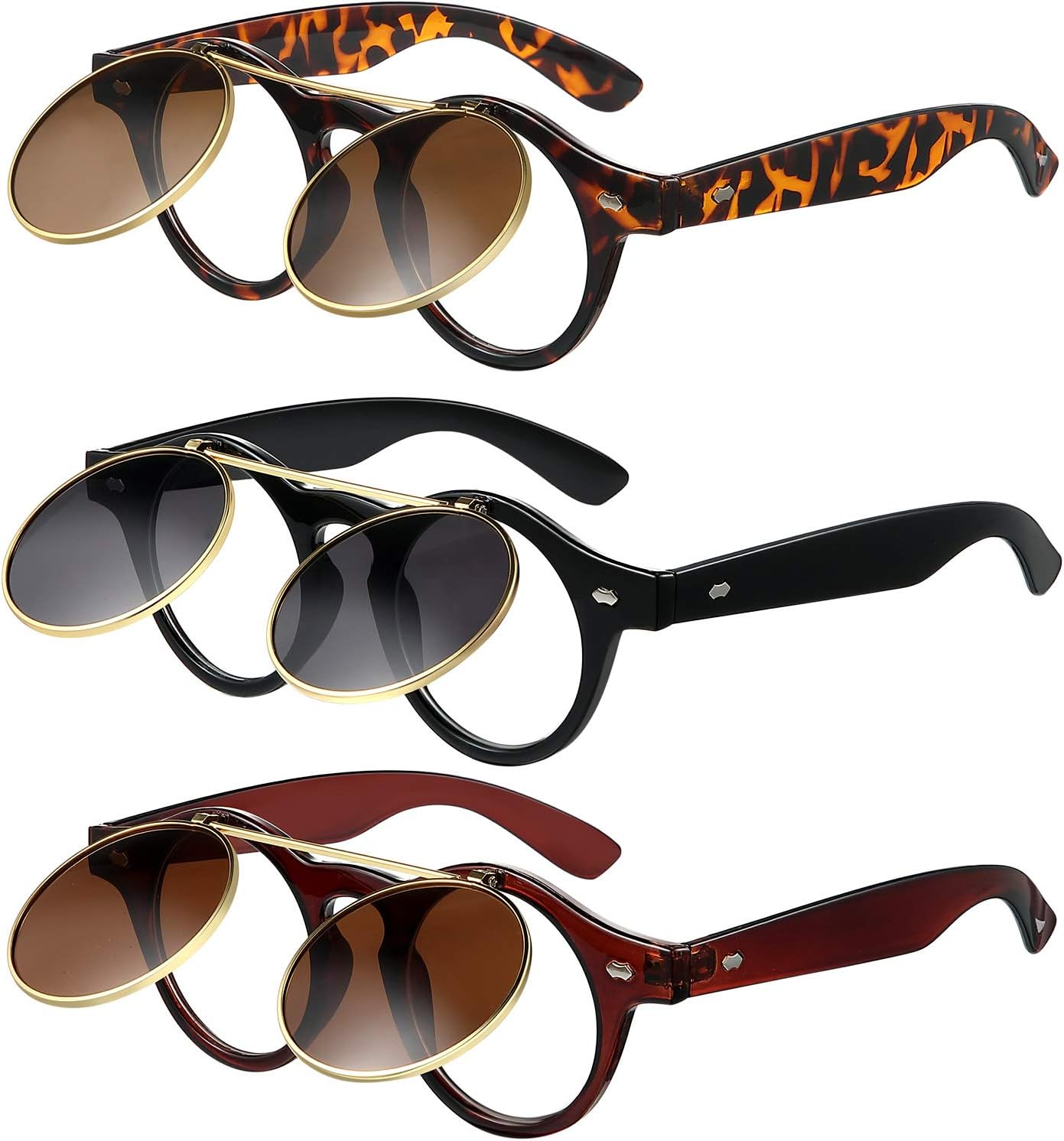 3 Pairs Flip up Sunglasses for Men and Women Retro Round Goggles Steampunk Style for Christmas Birthday Party Gift