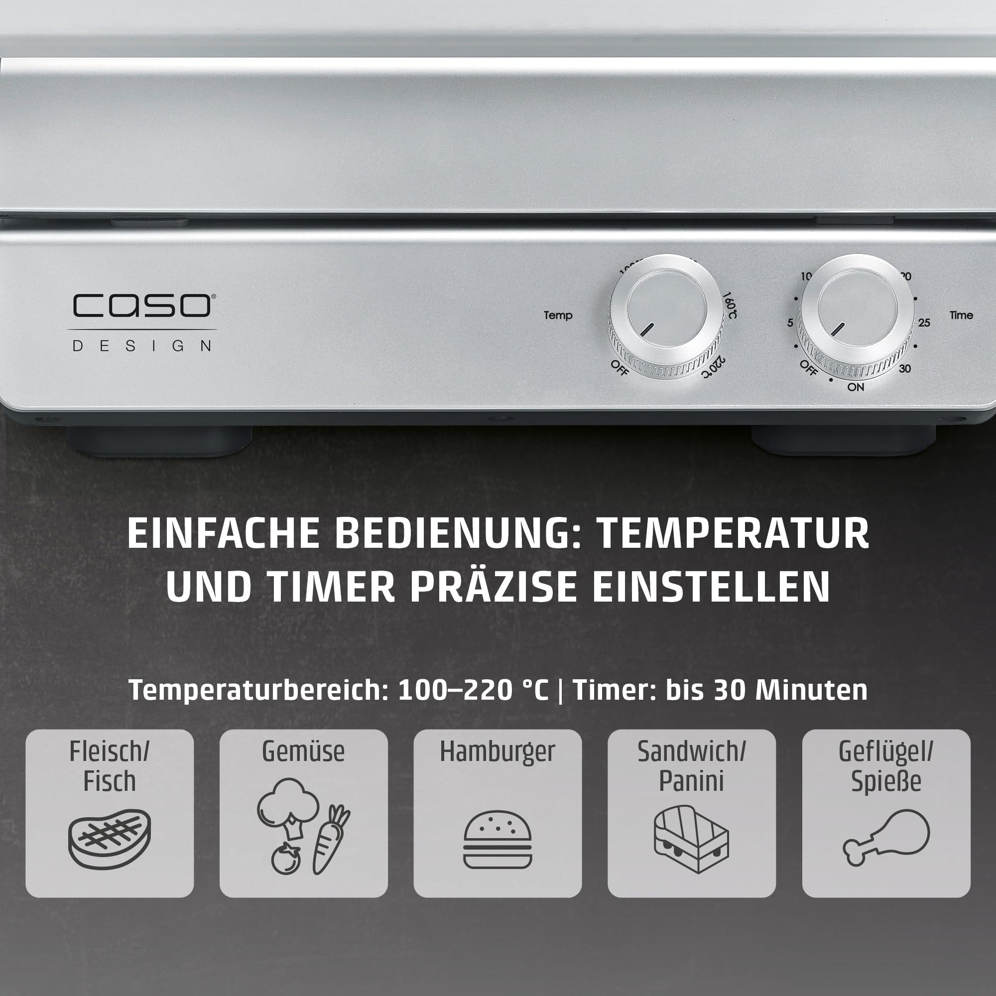 CASO SteakChef - Doppel-Kontaktgrill, Antihaftbeschichtung, 100-220°C | Testurteil sehr gut (ETM 04/2026), aufgeklappt als Tischgrill nutzbar, Steak, Sandwich, elektrischer Grill 2000 Watt