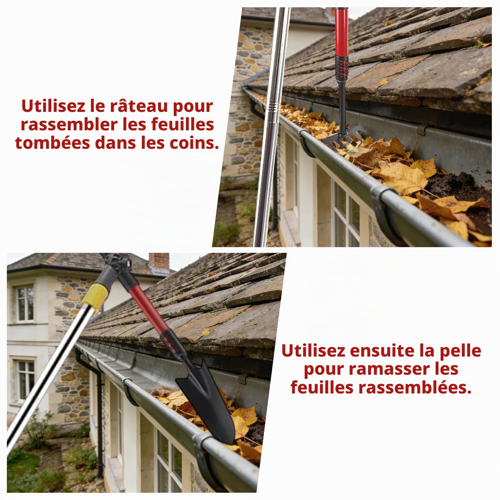 Nettoyeur de gouttières avec manche télescopique de 4 m, kit de nettoyage de gouttière télescopique 3-en-1, avec tête pivotante à 180°, râteau, pelle et brosse de gouttière pour feuilles, saleté