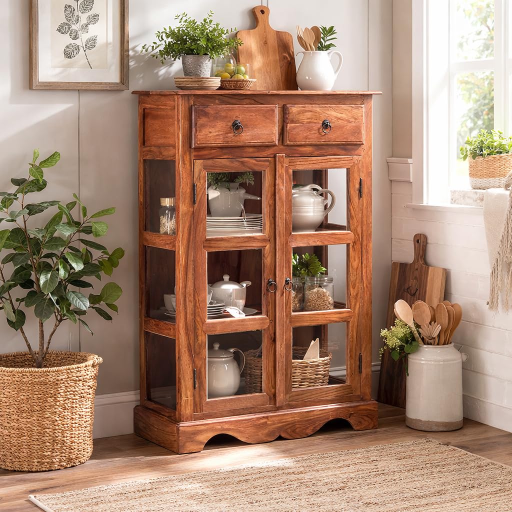 ANGEL FURNITURE Solid Sheesham Kitchen Medium Storage Crockery Cabinet in Honey Finish, Semi Gloss, 75x35x120CM-image-31