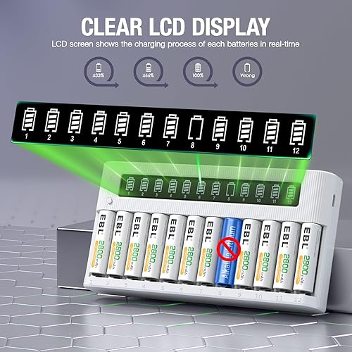 Miniatura 20 de EBL Cargador de batería de 8 bahías con pantalla LCD de carga rápida, cargador de batería AA AAA con baterías AA de 2800 mAh NiMH 4 piezas y batería