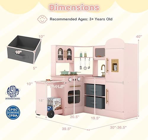 Miniatura 8 de Costzon Cocina de juego de esquina con luz y sonido reales, carrito extraíble, cubos de tela, estufas, máquina de hielo, microondas, horno, juego de