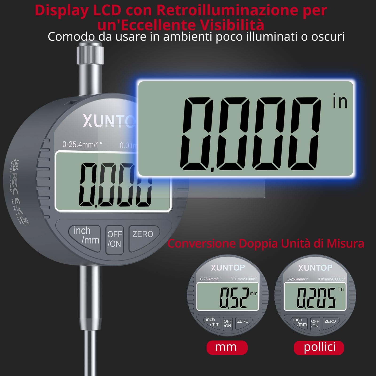XUNTOP Comparatore Digitale 0-25.4MM per Dischi e Rotori/giunti Sferici con Indicatore Digitale con Braccio Flessibile da 13,77” e Pinza di Bloccaggio da 7" per il Settore Automobilistico, Meccanico