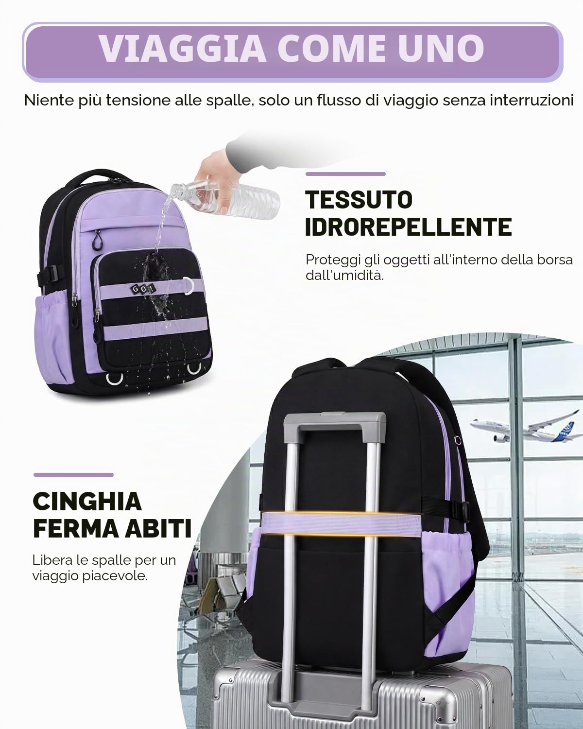 Amythe Zaino Ragazze - Zaino Scuola per Adolescenti Impermeabile per Laptop 15.6" - Cartella Casual per Scuola Elementare Media Superiore 10-18 Anni - Adatto per Carrello -Viola