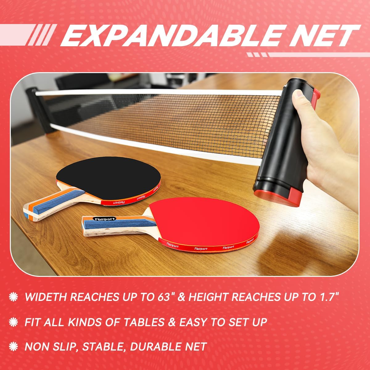 FBSPORT Set da ping pong, set da ping pong con 4 racchette e 8 palline, rete retrattile con borsa per riporre oggetti, accessori per giochi al chiuso e all'aperto