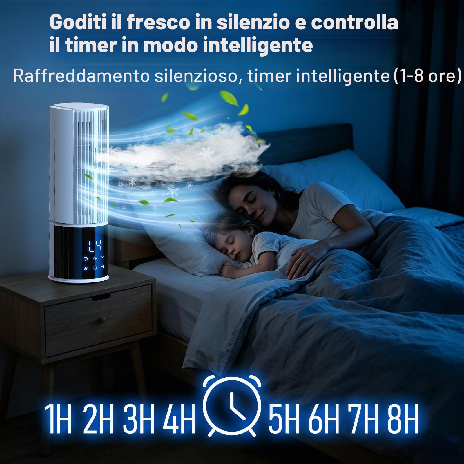 Climatizzatore portatile 6in1, umidificatore con 3 velocità, modalità Turbo, aria notturna, funzione nebbia e timer (1-8 ore), oscillazione 45°/90°, perfetto per casa e ufficio (Avorio)