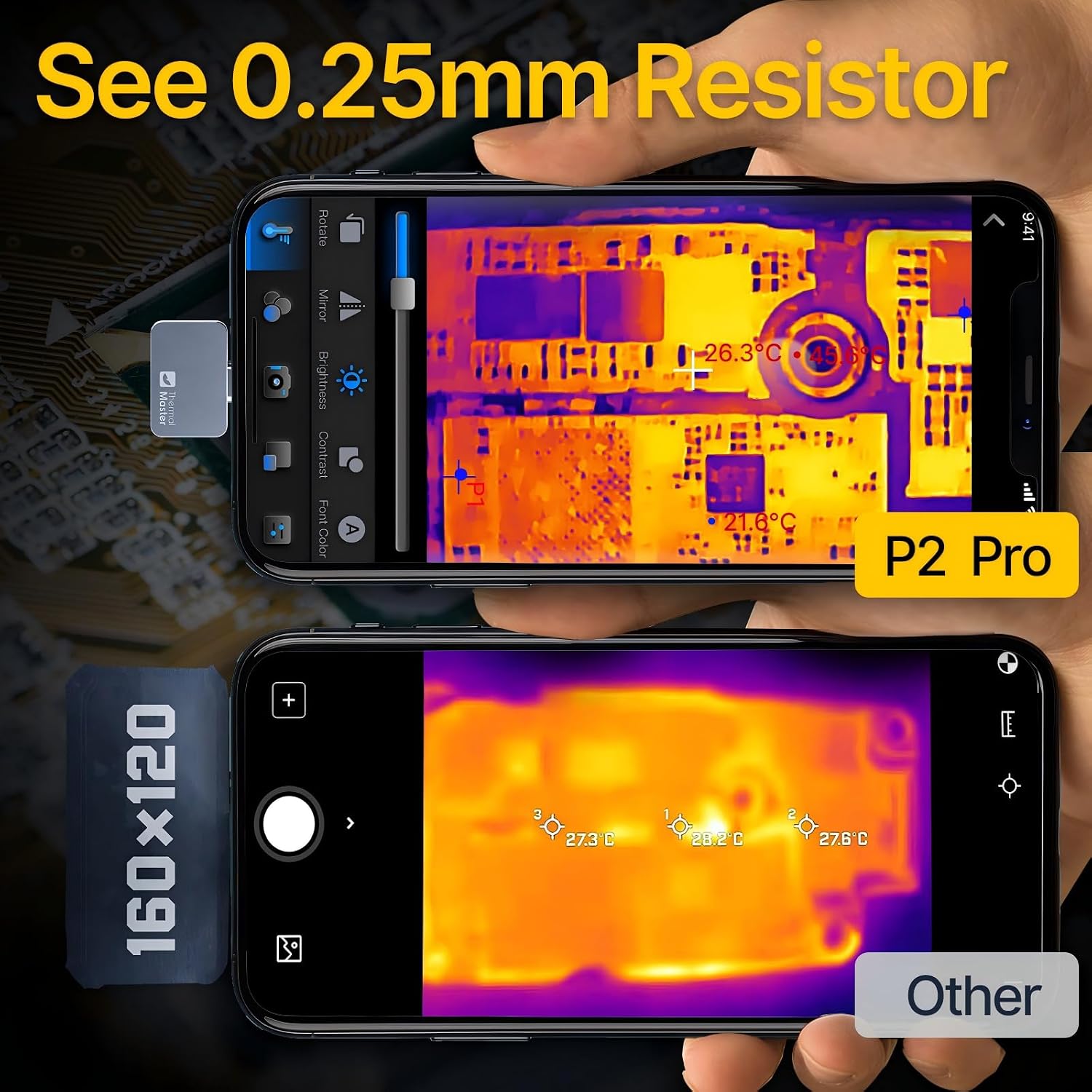 A smartphone displaying a thermal image of a circuit board, highlighting the ability to see a 0.25mm resistor.