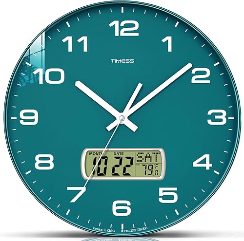 Miniatura 8 de Reloj de pared TIMESS, esfera de 10" sin tictac, silencioso, funciona con pilas, analógico con pantalla LCD para calendario perpetuo y temperatura