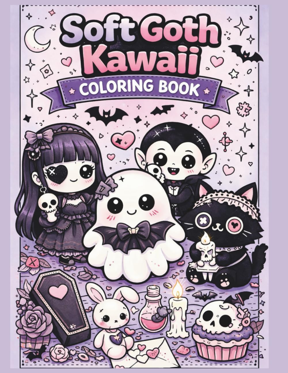 Soft Goth Kawaii Coloring Book: Cute and Whimsical Witches, Cats, Coffins & Candles – Relaxing Spooky Coloring Pages for Teens & Adults