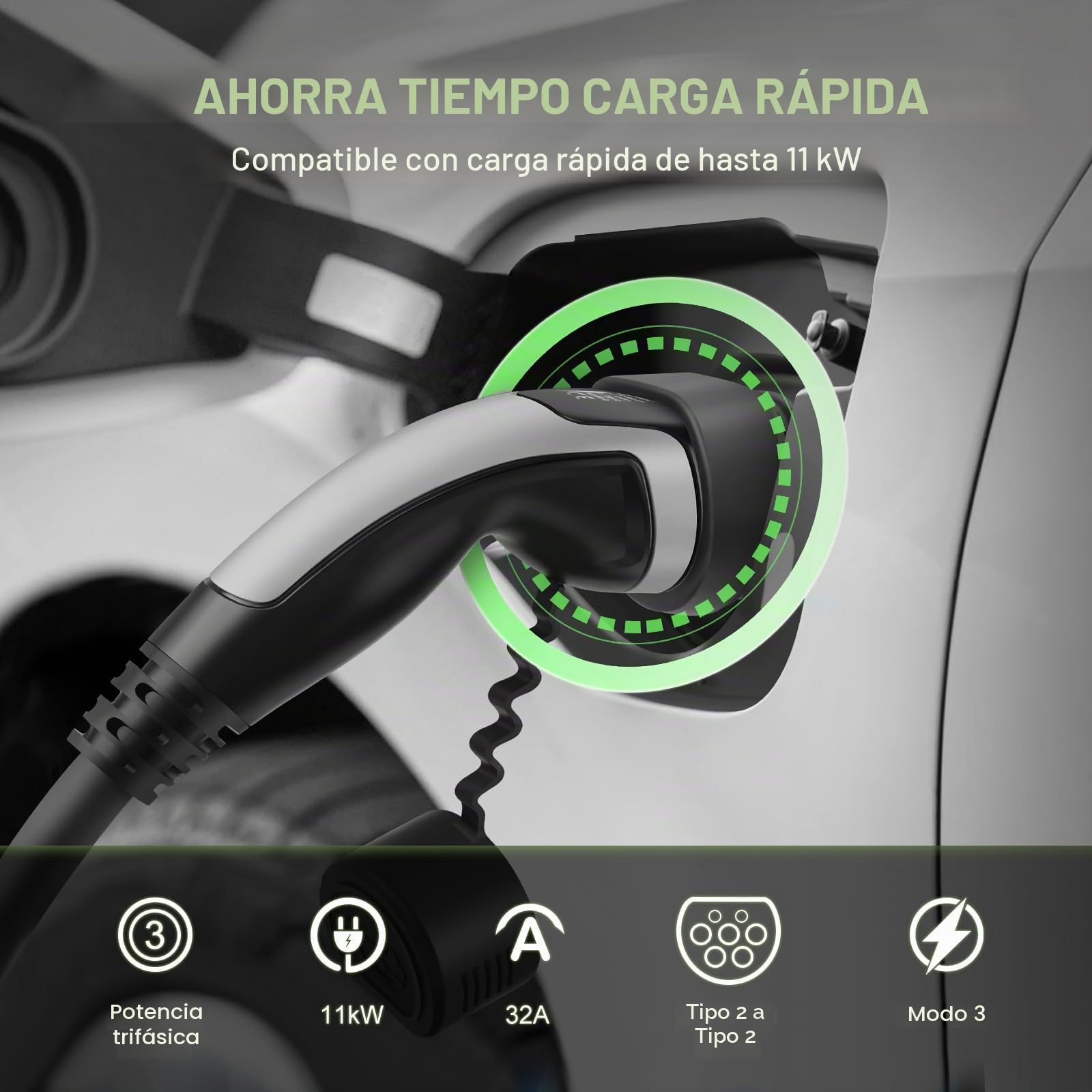 Cable de carga tipo 2 para vehículos eléctricos, 22 kW, portátil de 3 fases, 32 A, Mennekes Mode 3 cable de carga para EV y PHEV (cable espiral de 5 m)