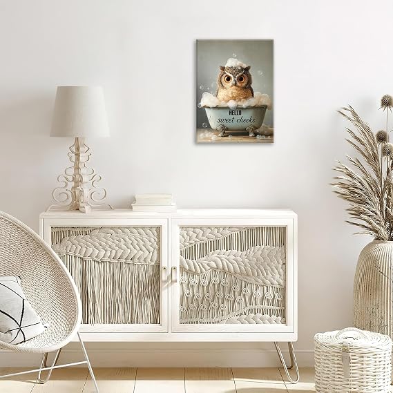 Owl Canvas Wall Art Owls Bathroom Decor Hello Sweet Cheeks Pictures Painting Owl Prints Modern Artwork for Bathroom Living Room Bedroom Office Framed Wall Decor 12x16