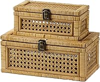Vista 8 de Caja decorativa de ratán, cajas de exhibición bohemias con tapas, juego de 2 cestas de almacenamiento de mimbre rectangulares, contenedores de caña