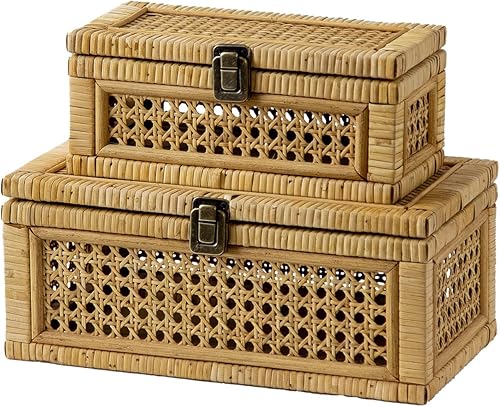 Miniatura 8 de Caja decorativa de ratán, cajas de exhibición bohemias con tapas, juego de 2 cestas de almacenamiento de mimbre rectangulares, contenedores de caña