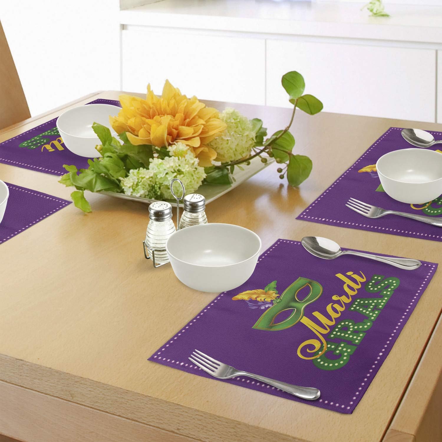 Ambesonne Mardi Gras Place Mats Set of 4, Green Colorful Feathers on Pastel Tone Backdrop Styled Calligraphy, Washable Fabric Placemats for Dining Table, Standard Size, Purple Yellow