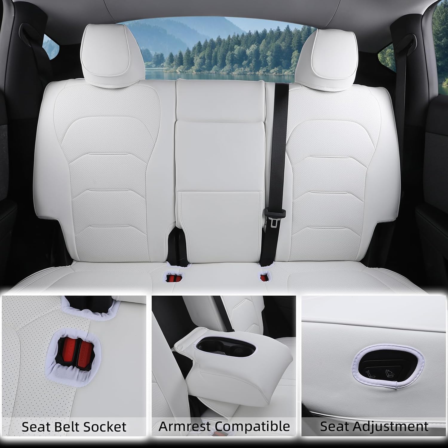 Tesla Model Y Seat Covers 2025 2026 Full Coverage Nappa Leather Car Seat Cover Interior Full Set Accessories Airbag Compatible Cushion Cover Custom Fit(White,5-Seater)