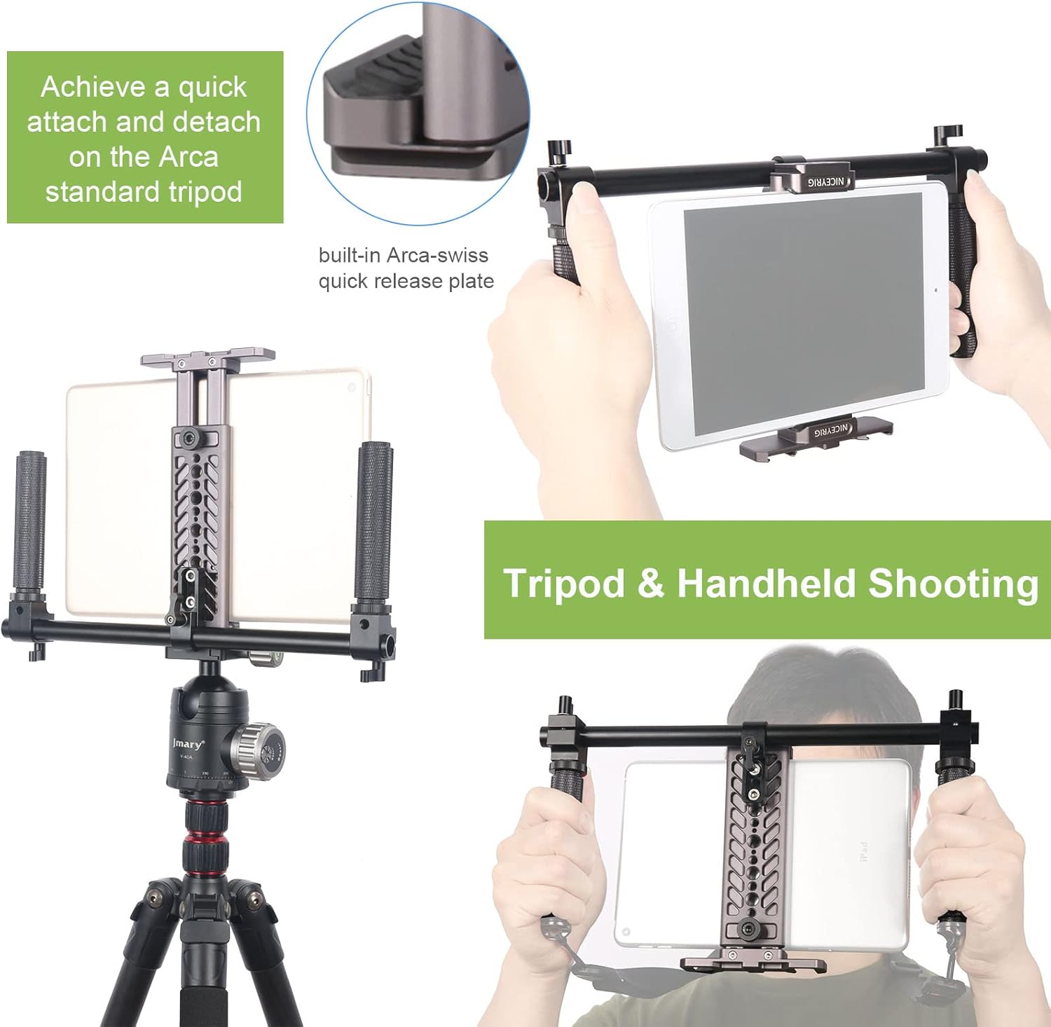 NICEYRIG Tablet Tripod Mount Handheld Video Holder Kit for iPad mini 7.9/ Air 10.5 10.9/ Pro 11 12.9, Galaxy Tab S8/S7/S6 with 15mm Rod Handle Set, 12’’ 15mm Rod and Rail Block [Aluminum Alloy] - 511