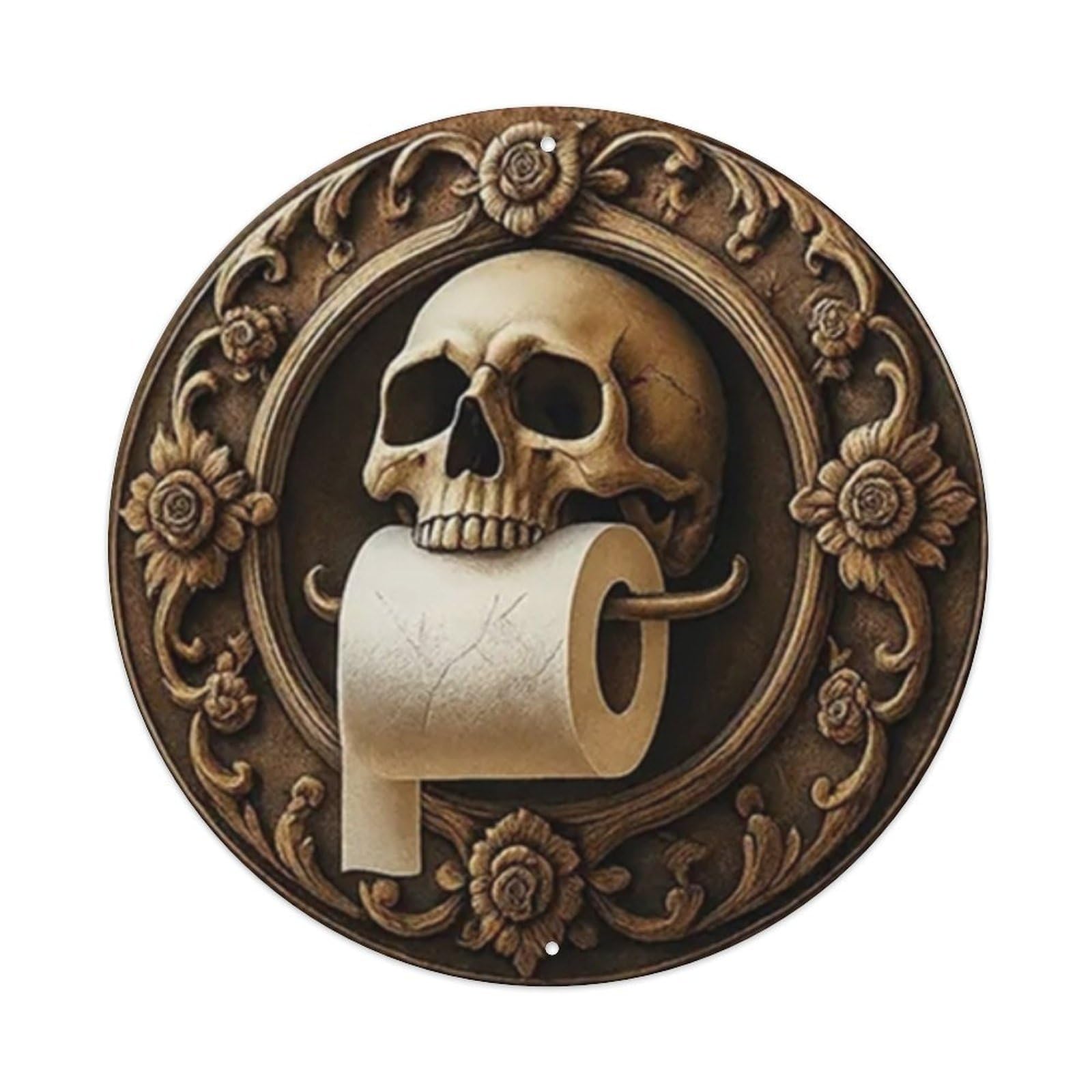 Skull with Toilet Paper Round Tin Sign Vintage Metal Sign Home Bar Garden Wall Decor Metal Poster 8x8 Inch