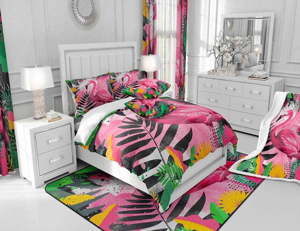 Feelyou Pink Flamingo Bedding Set Queen Size Tropical Palm Leaves Comforter Set for Boys Girls Couples Green Pink Comforter Bird Print Quilt Set 3Pcs