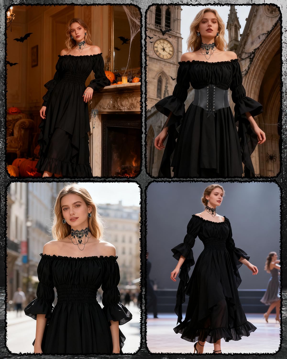 Gothique Maille Robes Longues, Épaules Dénudées Robes Longues à Lacets, Robe Médiévale pour Femme À Manches Trompette Style Victorien, Renaissance, Gothique Costume pour Carnaval, Halloween, Fête