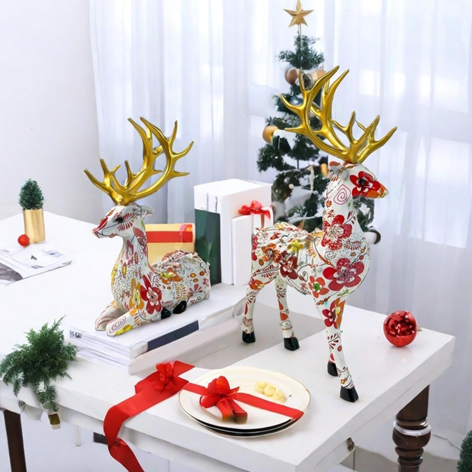 Estatua de, Juego de 2 Decoraciones de Reno de Escritorio, Manualidades de