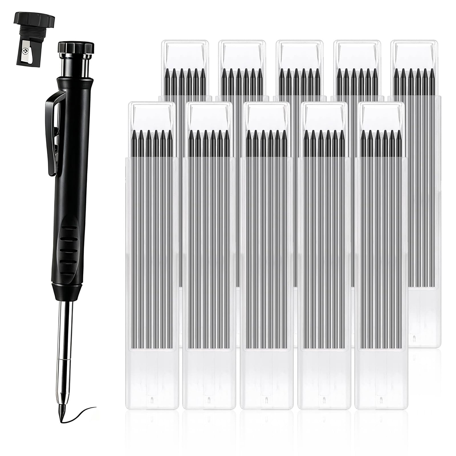 60Pcs Pencil Refills Set with Deep Hole Marker & Sharpener – 2.8mm Graphite Leads for Pica, Carpenter & Joiners Pencils – Perfect for Precise Marking in Woodworking & Construction