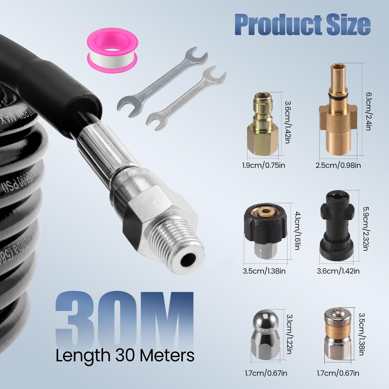 Sonda Sturatubi Spurgatubi per Idropulitrice Alta Pressione, Stura Tubi di Scarico 30M Sistema Antipiega Connettore Interno in Rame Rivestimento in PVC Resistenza Massima 400 Bar con 6 Adattatori