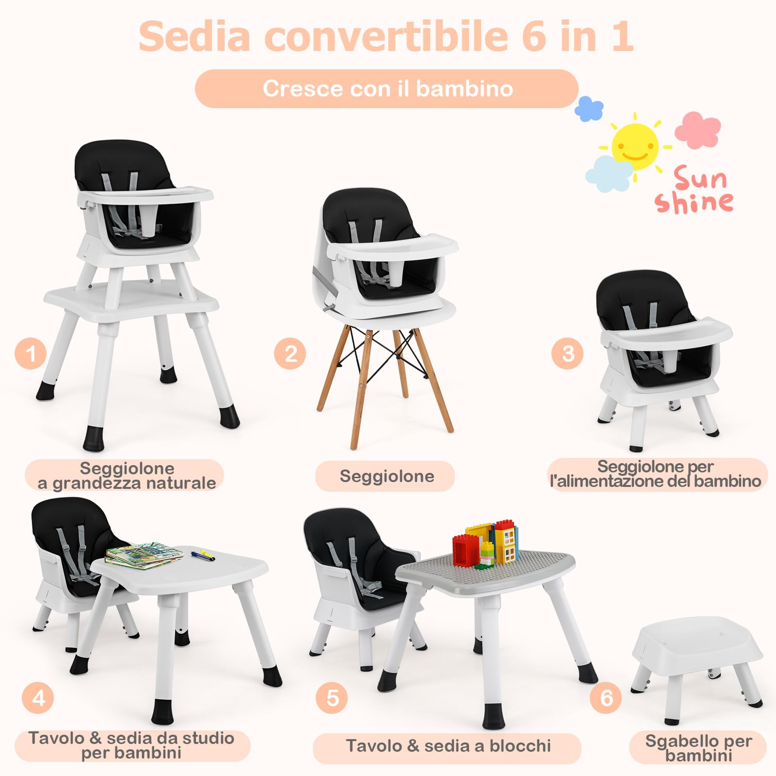 RELAX4LIFE 6 en 1 Trona Bebé con Arnes de 5 Puntos y Cojín Desmontables, Tronas de Bebe Portátil con Bandeja Ajustable y Extraíble, Mesa y Silla Infantil para Niños 6+ Meses, Carga 25kg (Negro)