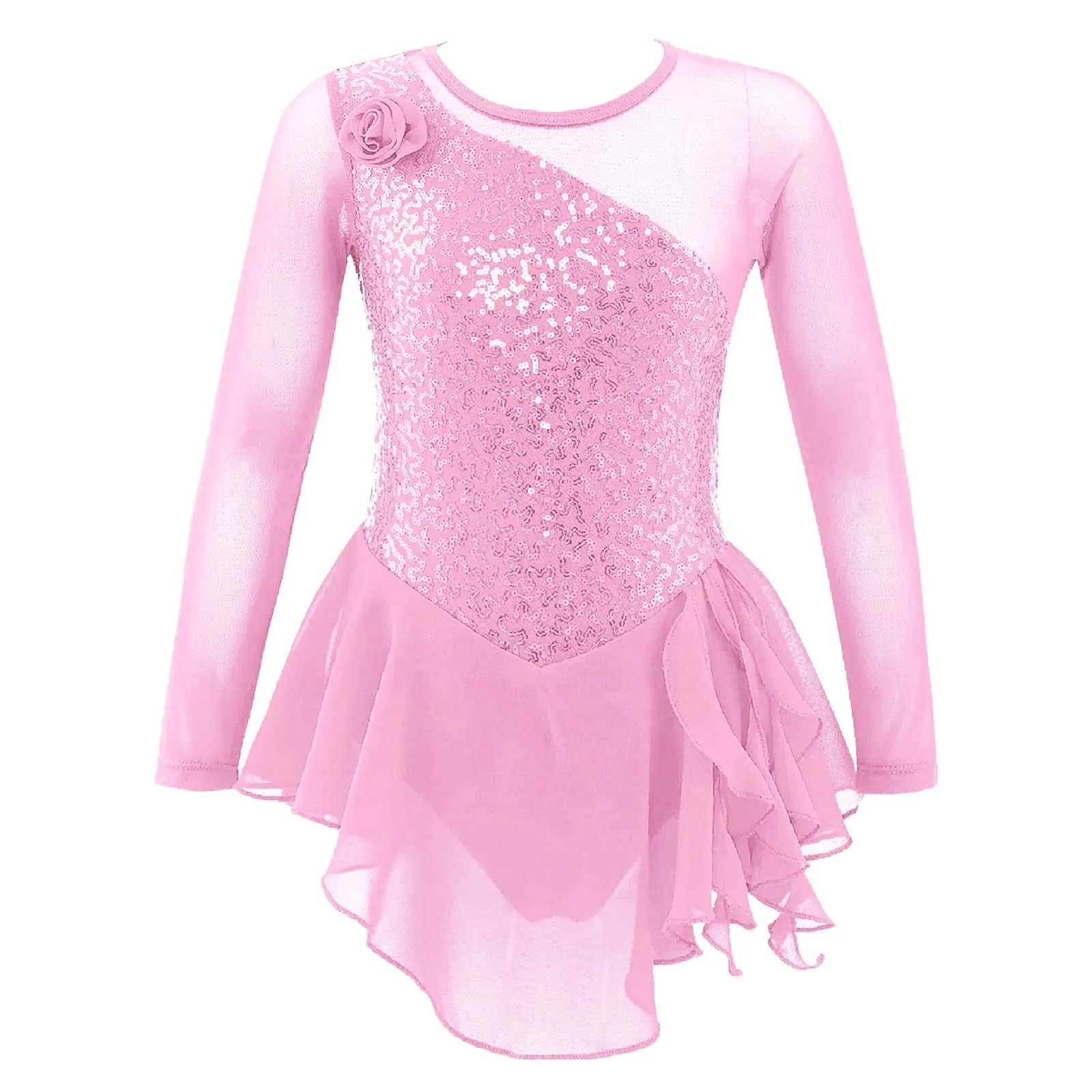 Gymnastikanzug Mädchen Pailletten Gymnastik Trikot Kleid Mesh Lange Ärmel Bühne Leistung Ballett Dancewear Figur Eislaufen Tanz Kostüm(Pink,6)