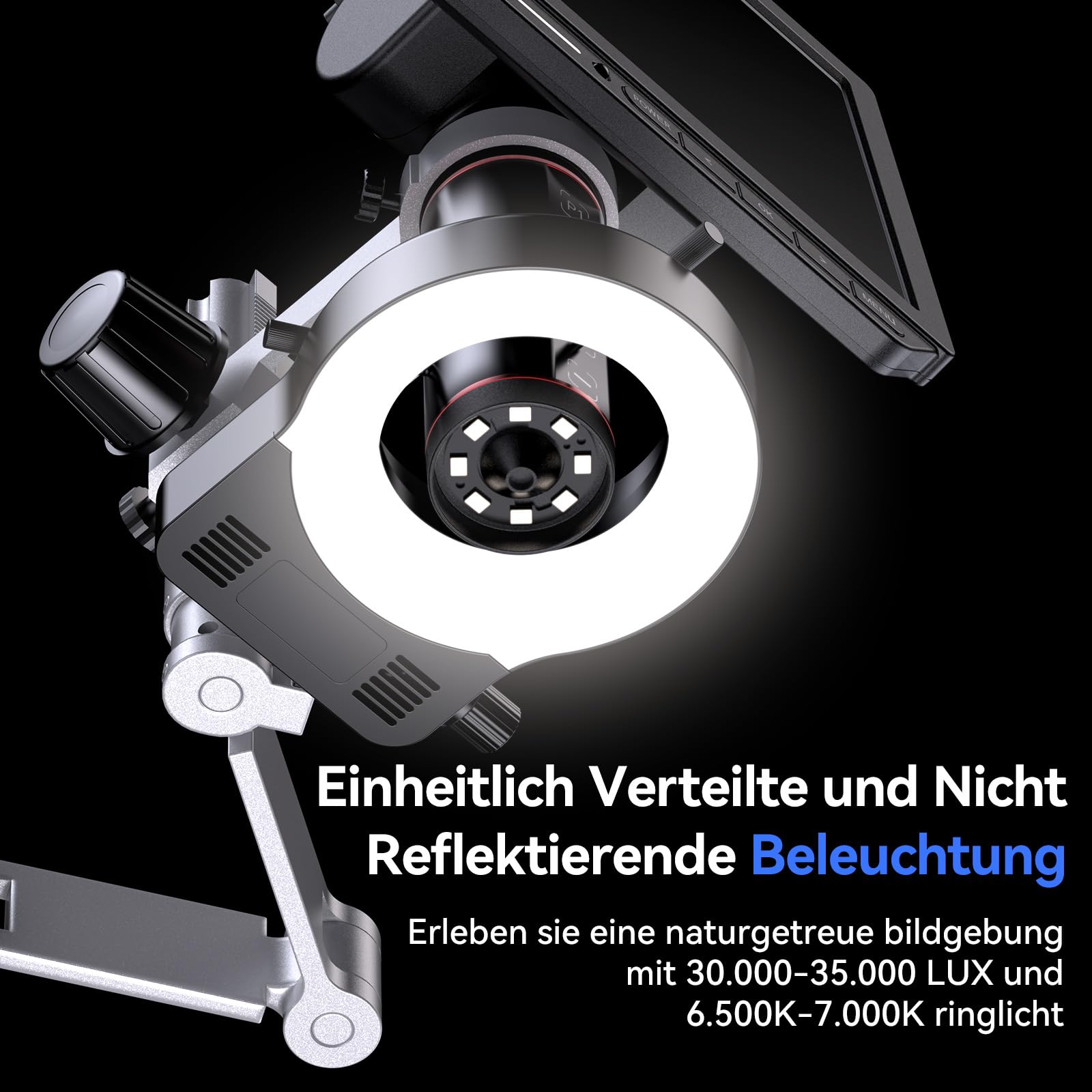 TOMLOV TM4K-AF Max Autofokus Digital Mikroskop 2000X, 4K 10,1" IPS-Schwenkarm-Lötmikroskop für Erwachsene, 52MP HDMI-Mikroskopkamera für Münzen und Löten, mit Ringlicht, PC/TV-kompatibel, 64GB