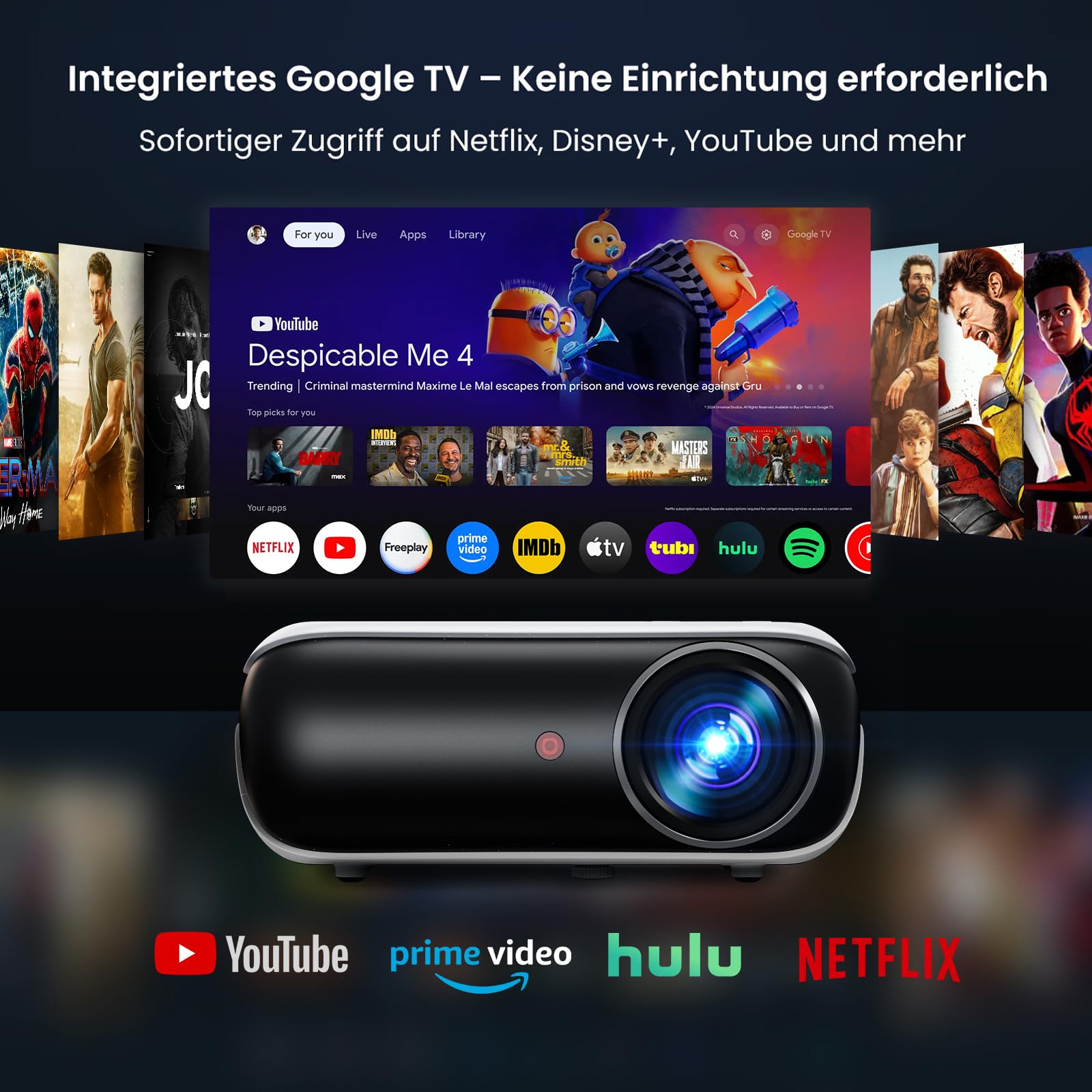 Google TV Smart Beamer 4k HAPPRUN 25000L Full HD Heimkino Dolby Audio Wi-Fi Bluetooth 300" Projektor