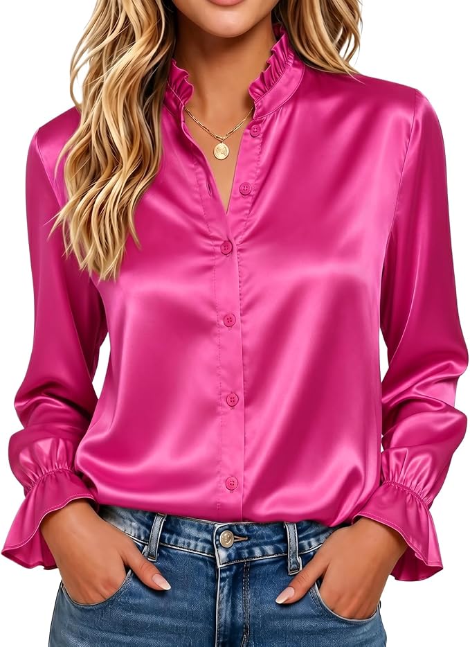 Funlingo Satin Silk Blouses for Women Ruffle Long Sleeve Button Down Shirts | Ruffled Collar and Cuffs, Business Casual Outfits, Fall Clothes, for Office Work, 2026 Fashion