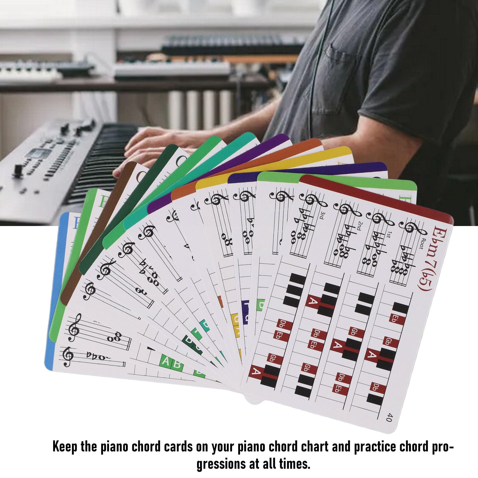 Farbcodierte Klavier-Akkord-Flashkarten Set mit 100 Karten, Musiktheorie Lernhilfe für Klavierschüler, inkl. Geschenkbox & Akkord-Skalen-Poster