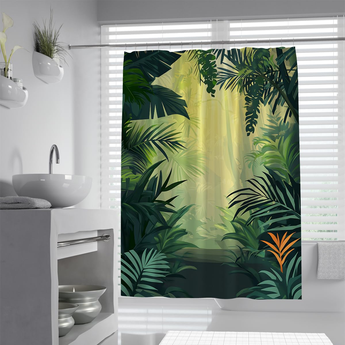 UIRINGART Deep Jungle Tropical Forest Palm Trees Shower Curtain W200xL200cm Exotic Rainforest Plant Botanical Art Waterproof Water Repellent Bathroom Curtain Walk In Shower