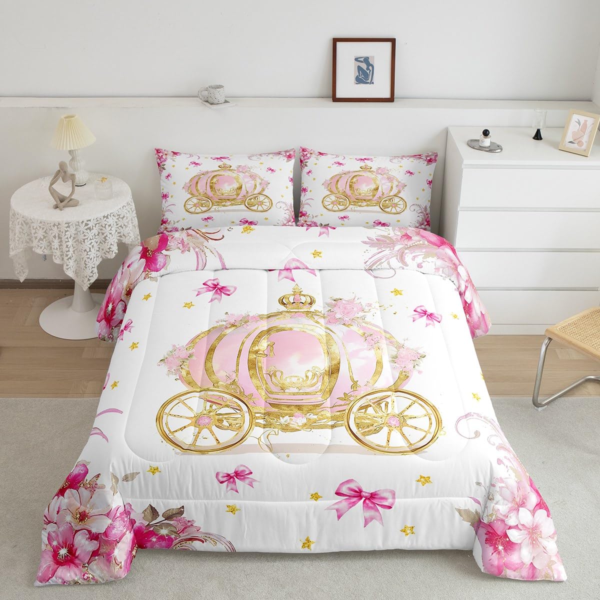 Princess Carriage Comforter Set,Luxury Pink Carriage Bedding Set Kids Teens Modern Decor,Fairy Tale Flowers Comforter with 1 Pillowcase for All