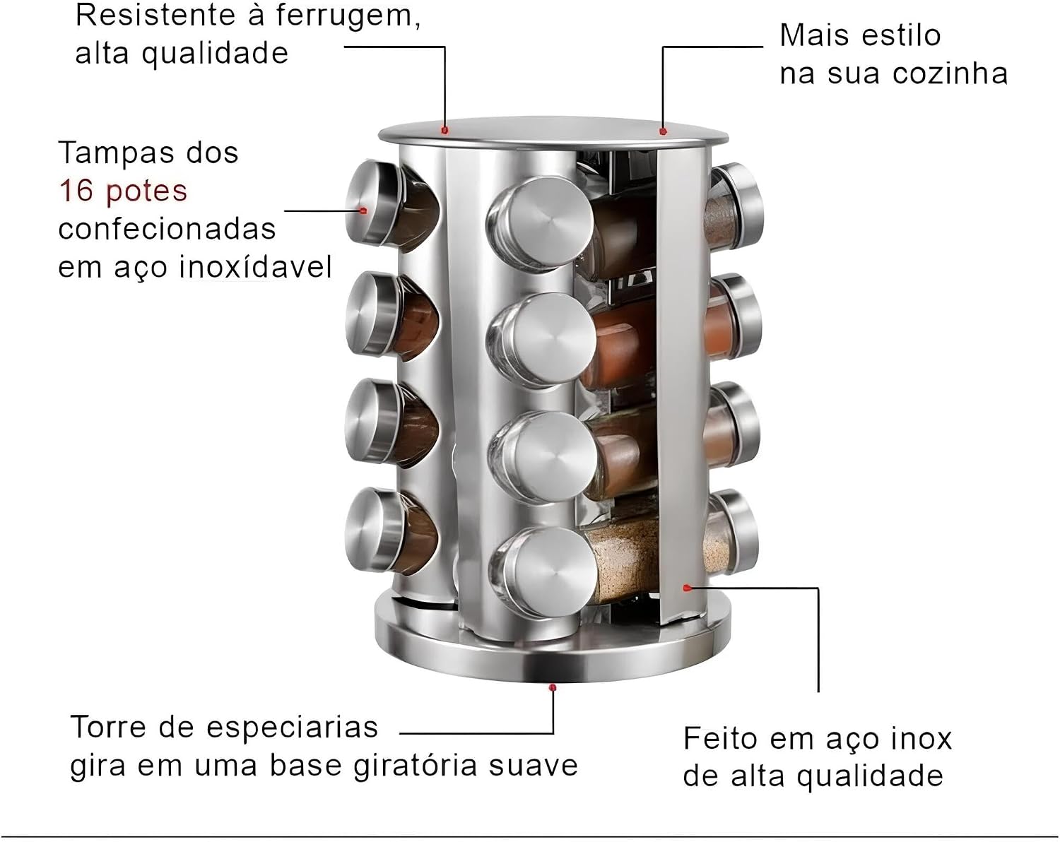 Porta Condimentos Temperos Giratório com 16 Potes de Vidro e Tampa Inox Premium – Kit Completo para Armazenar Temperos na Cozinha com Suporte Giratório Resistente e Design Funcional