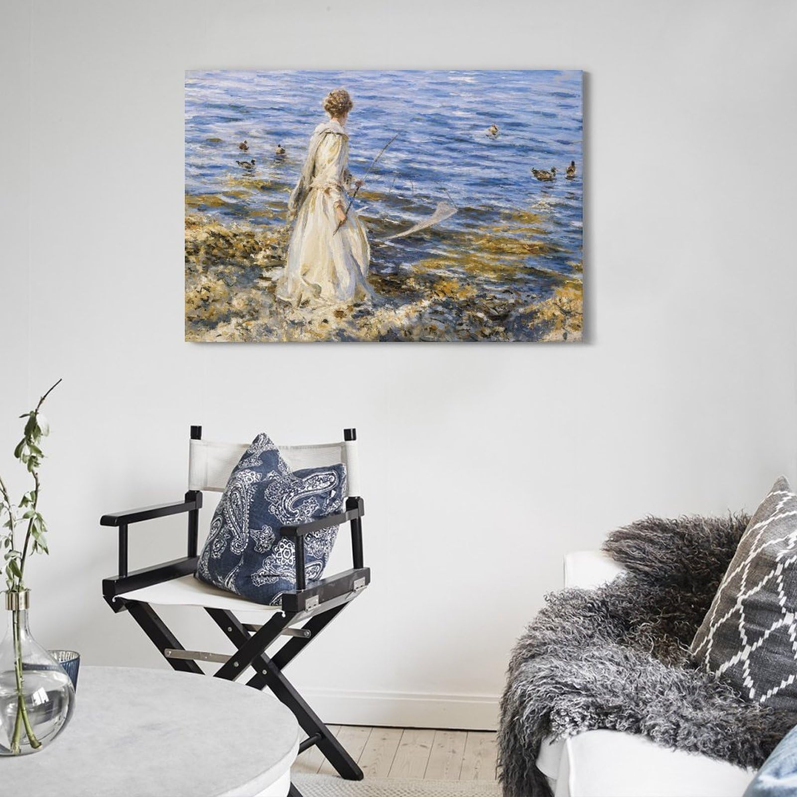 Poster artistico da parete in stile moderno, stampa su tela di lusso neutra per soggiorno e camera da letto, ispirato a John Singer Sargent Girl Fishing 40 x 60 cm