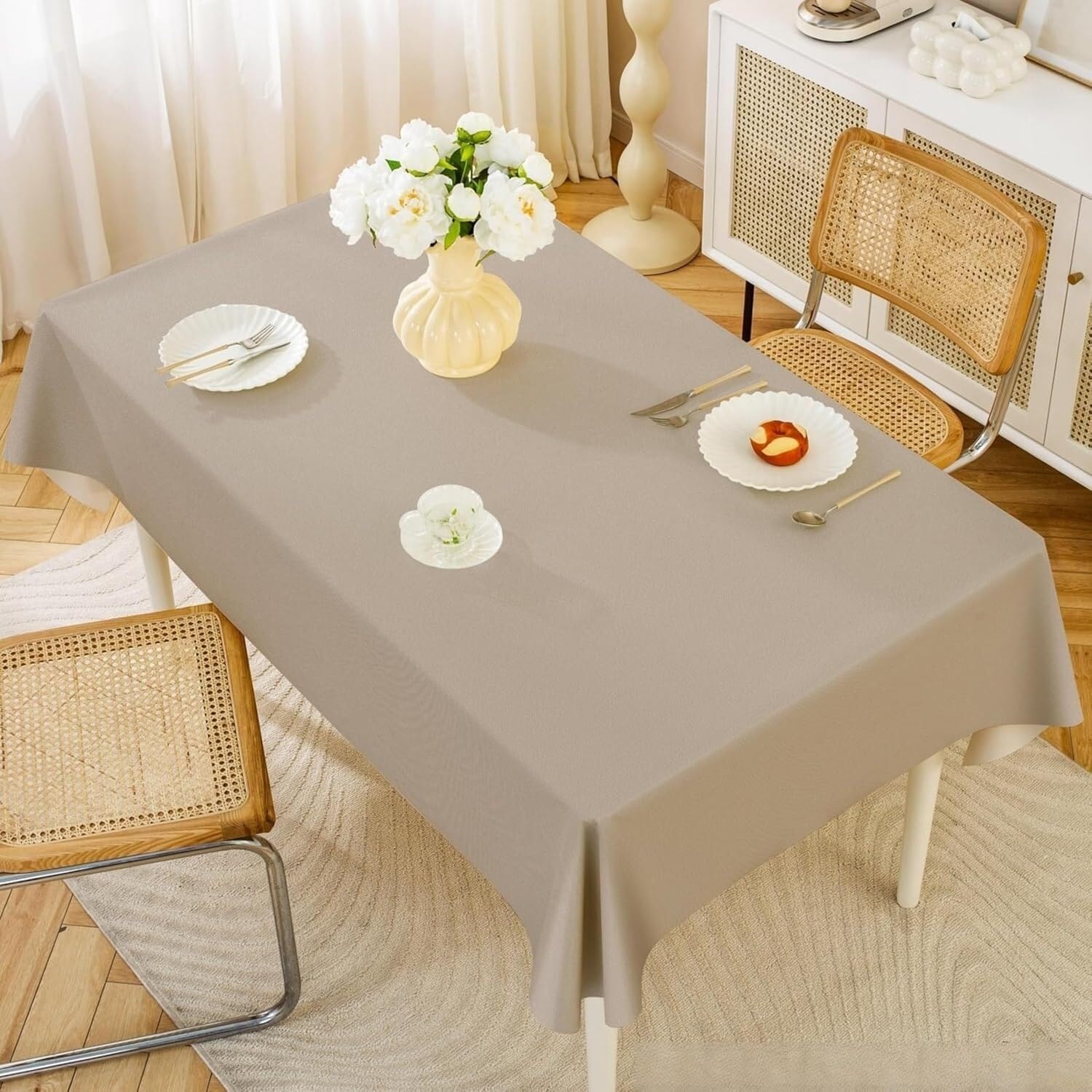 Prostokątny plastikowy nakrycie stołu w jednolitym kolorze Dekoracja blatu kuchennego, idealna na przyjęcia w ogrodzie(Beige Grey,140x220cm)
