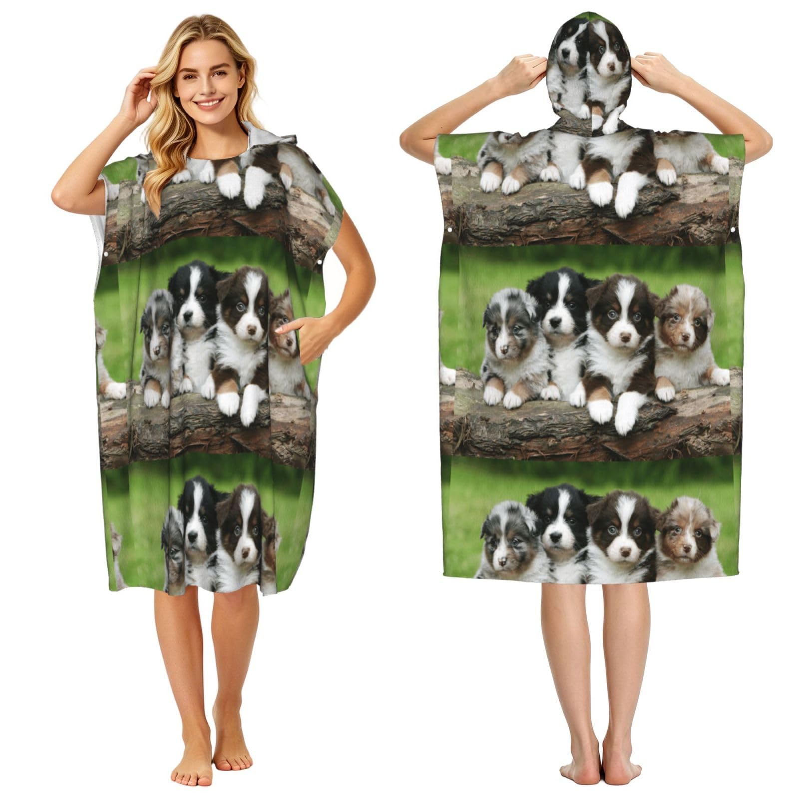 Poadnly Australian Shepherd Small Puppies, Adult Hooded Beach Towel 90 x 110 cm,Changing Bath Robe, Surf Poncho Towel For Women Men