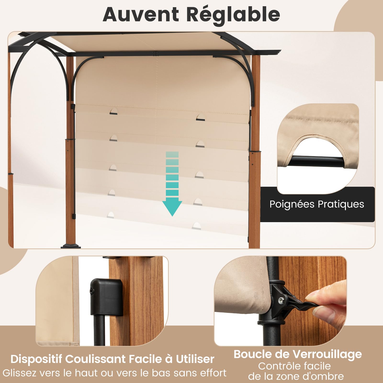 COSTWAY Pergola Rétractable d'Extérieur 300 x 360 CM, Pergola Métallique à Arcs pour Patio avec Auvent Rétractable Poteaux Aspect Bois, Tonnelle Treillis pour Jardin Patio Porche Cou (Beige)
