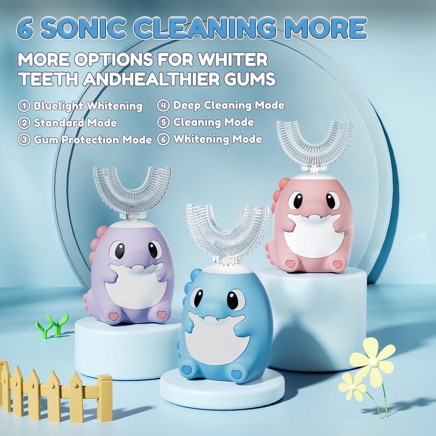 Kids Electric U Shaped Toothbrush,Kids Dinosaur Sonic Automatic Toothbrush with 6 Soft Brush Head 6 Cleaning Modes Full Mouth 360° Cleaning - Age2-15 Blue