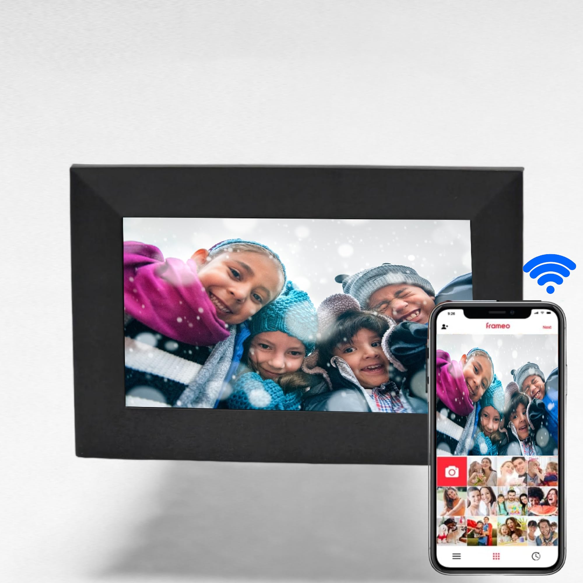 ONN 7-inch Wi-Fi Digital Picture Frame displaying a family photo, with a smartphone showing the Frameo app interface next to it, indicating wireless photo transfer.