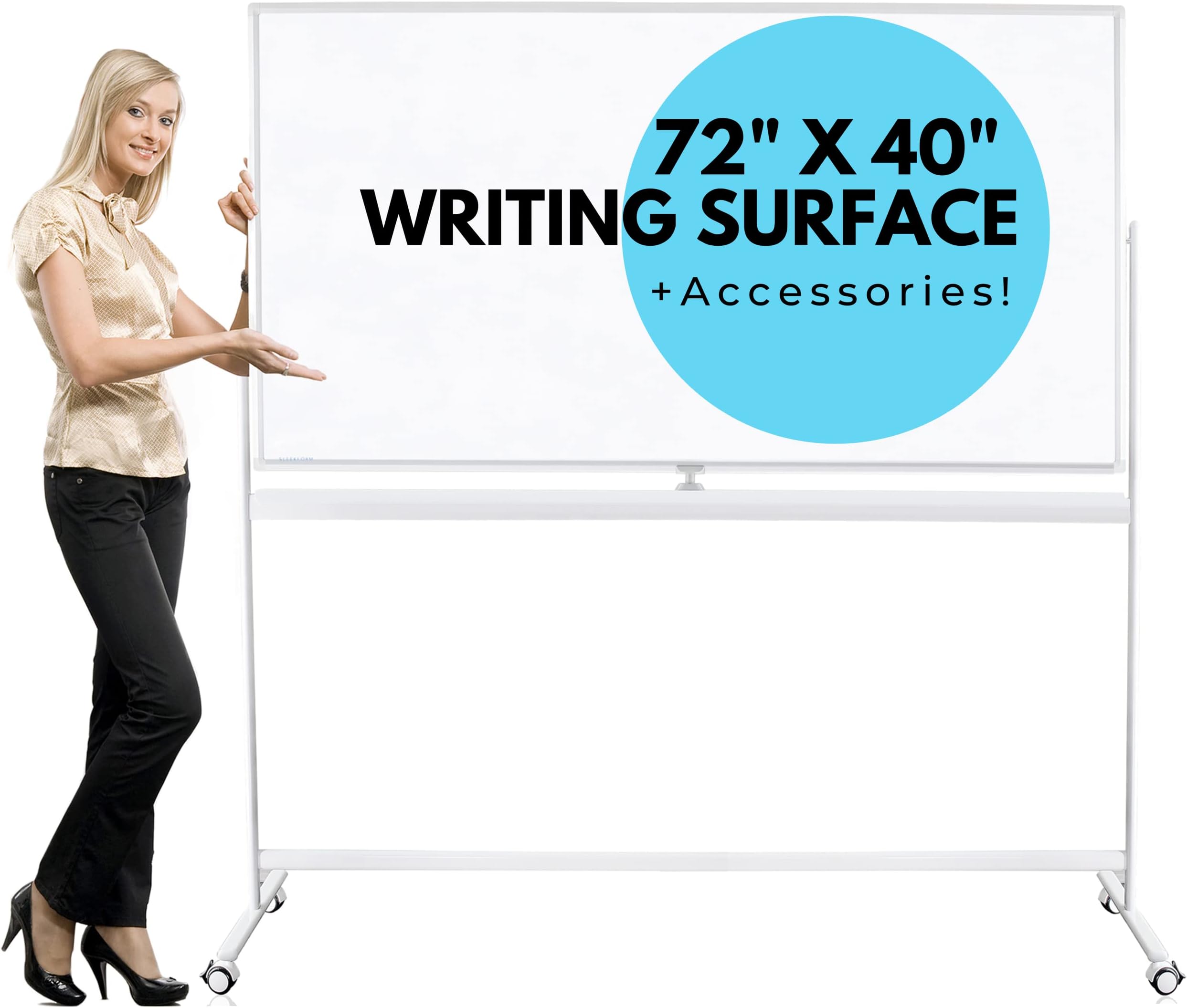 Sleekform Whiteboard Large Oversize 72" x 40" Rolling On A Stand, Mobile Double Sided Dry Erase Magnetic White Board