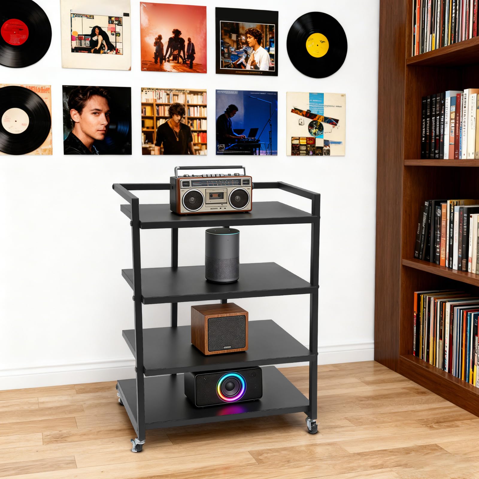 Scaffale HiFi a 4 livelli in metallo con ruote, per giradischi, impianti stereo, stoccaggio di dischi in vinile, versatile come scaffale HiFi o scaffale d'appoggio, 60 x 52 x 85 cm