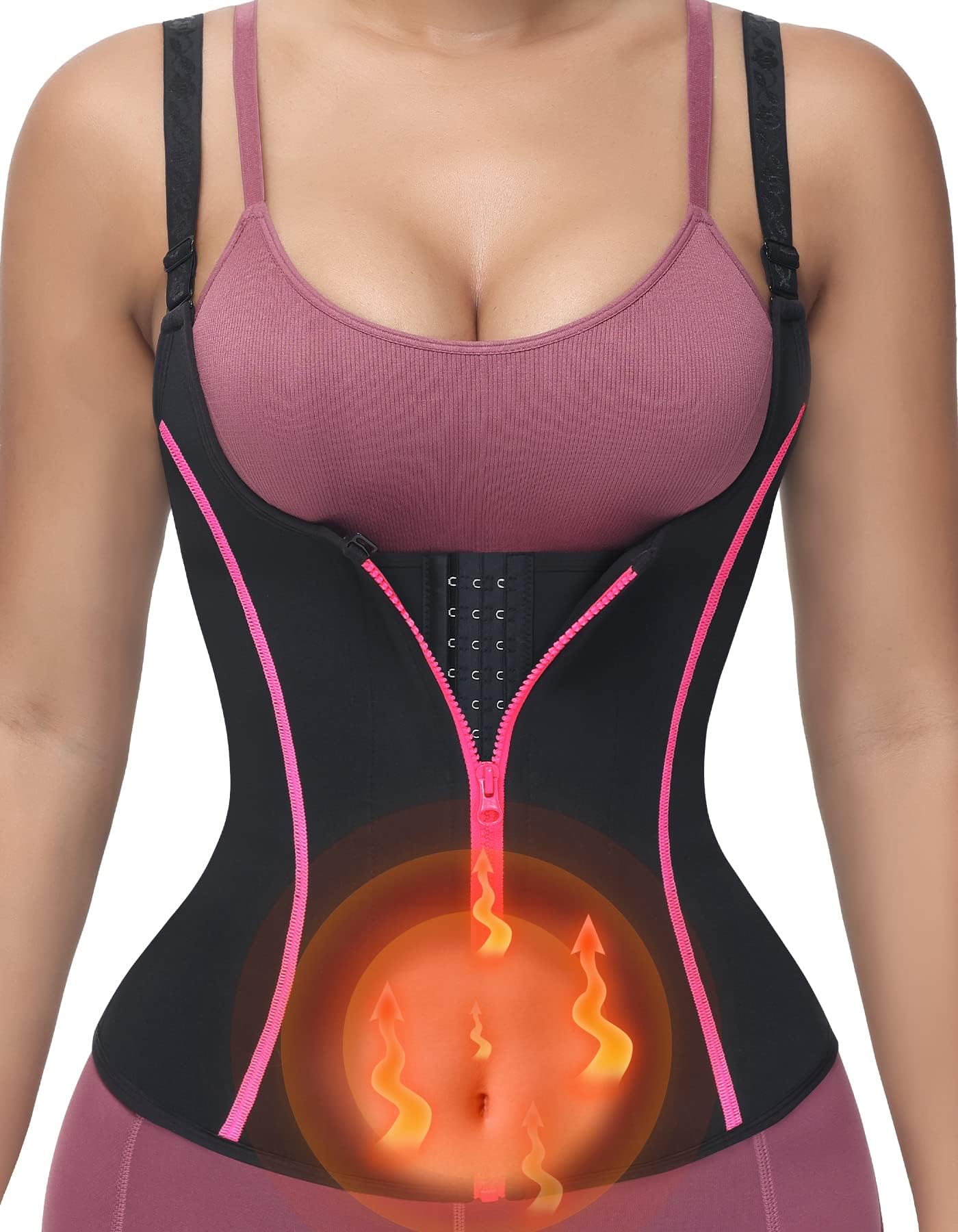 YADIFEN Waist Trainer Vest for Women,Zipper Corset Body Shaper for Tummy Control Neoprene Cincher Tank Top with Straps (Black-Pink, S)