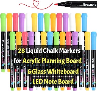 28 Pack Neon Liquid Chalk Markers Fine Tip 0.04 Inch, Low Odor Non-Toxic Wet Erase Glass Markers for Windows, Easy Wipe for LED Note Boards & Acrylic Fridge Calendar 28