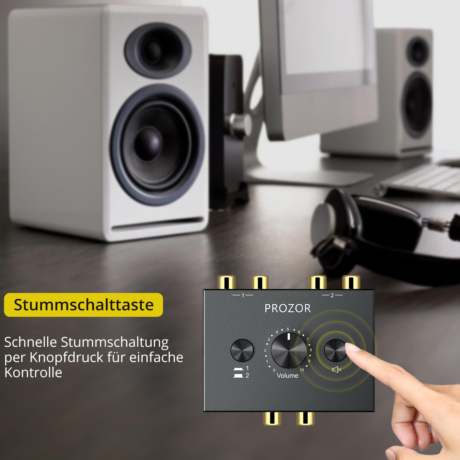 PROZOR 2(1)-IN-1(2)-Aus Cinch Stereo Audio Bidirektionaler Umschalter R/L Stereo Audio AB Umschalter R/L-Stereo-Audio-Schalter Splitter mit Stummschalttaste und Keine Externe Stromversorgung