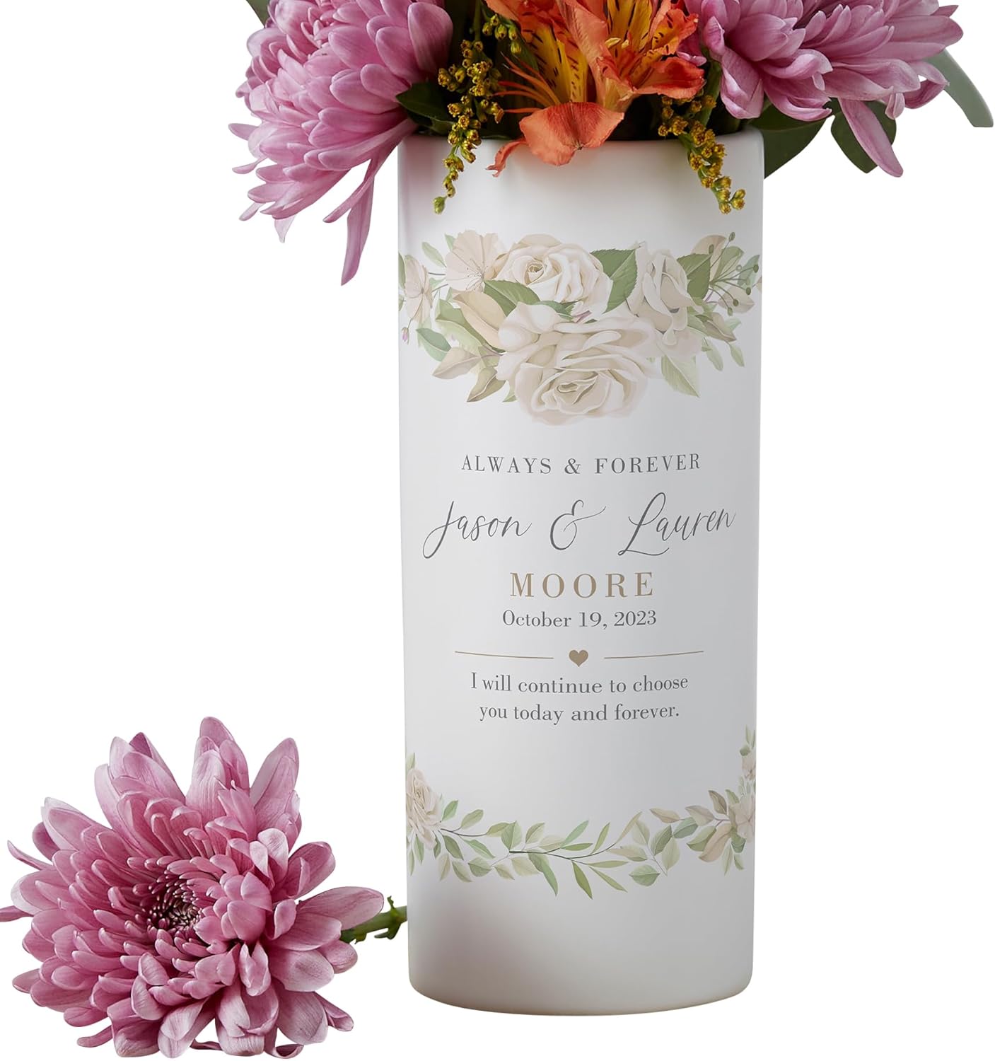 PersonalizationUniverse Floral Anniversary Personalized White Ceramic Flower Vase - Custom Names, Date & Message