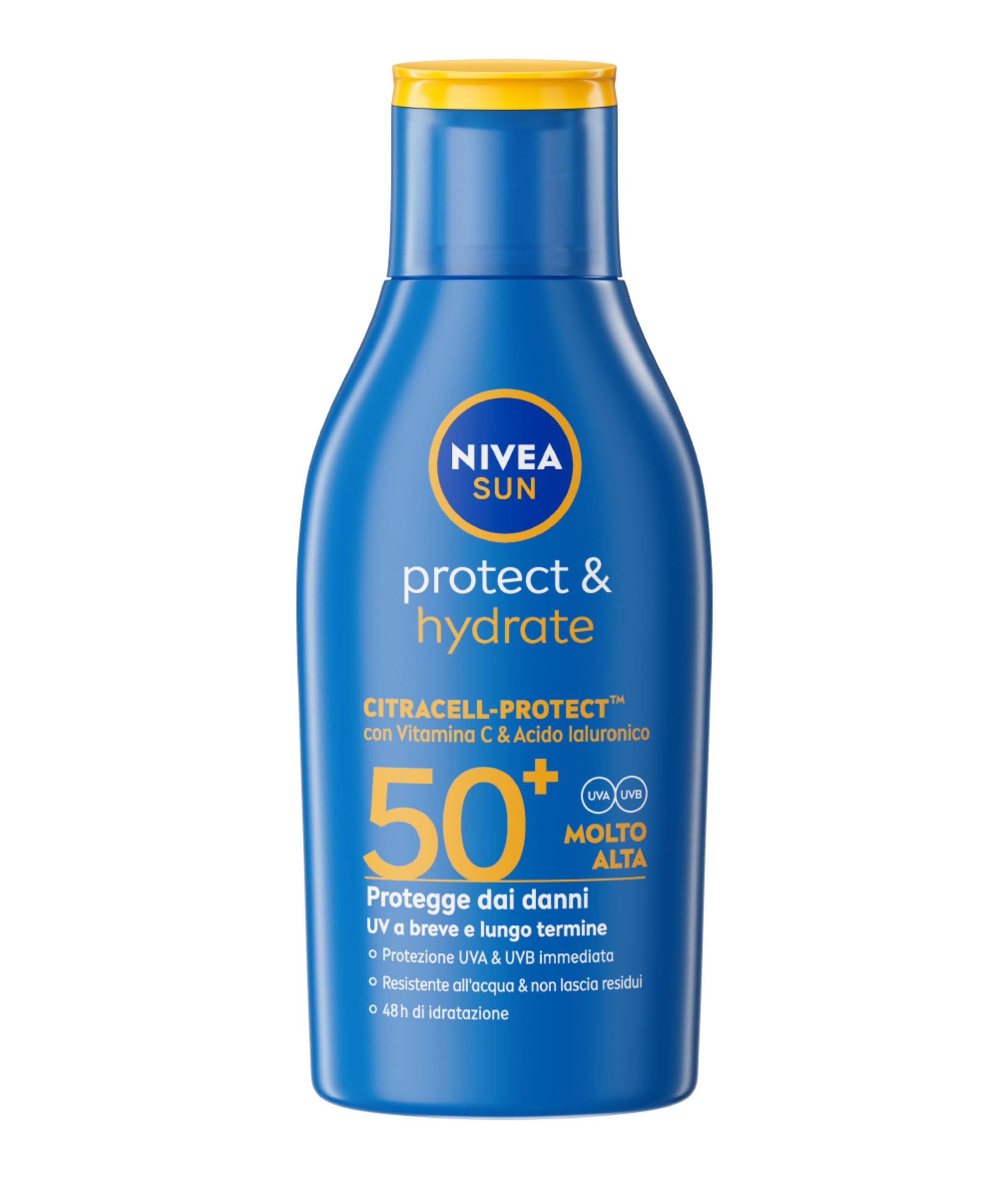 NIVEA SUN Protect & Hydrate SPF 50+ Formato Viaggio 100 ml, Crema solare 50+ idratante 48h ad assorbimento rapido, Protezione solare 50+ resistente all'acqua con Vitamina C e Acido Ialuronico