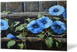 Modern Wall Art 16"X12" Painting Artwork Framed for Living Room Bedroom Bathroom Office Home Decor, Blue Morning Glories Twining On Dark Wood Pictures on Canvas Art Painting