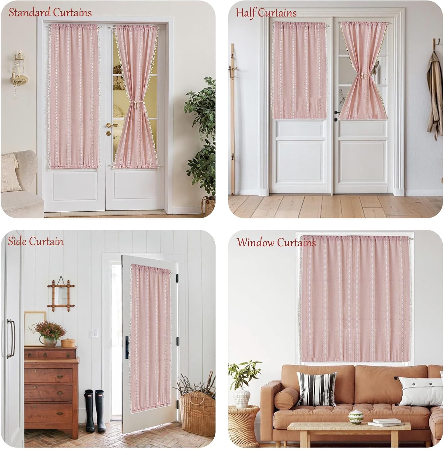 Sutuo Home French Door Curtains for Front Door Small Window,Boho Vintage Light Filtering Tassels Chic Farmhouse Privacy Drapes for Glass & Sidelights Decor, Rod Pocket 1 Panel 50" W x 40" L, Pink